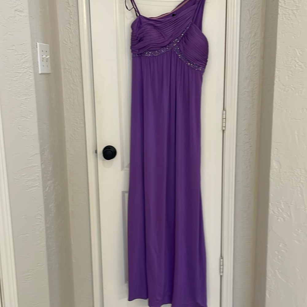 Purple goddess asymmetrical floor-length gown with beading